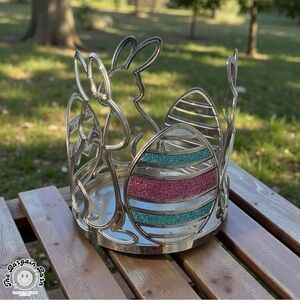 Rare Bath & Body Works Easter Bunny Egg Candle Holder Glitter Metal Decor